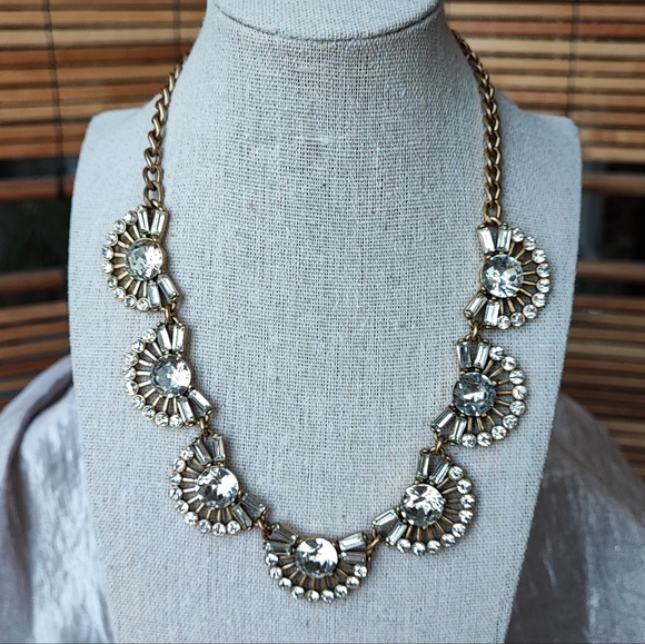 J. Crew Fan Baguette Crystal Clear Rhinestone Brass Tone Statement Necklace EUC - Picture 1 of 10